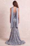 Dusty Blue Mermaid Strapless Fringed Sweep Train Formal Dress