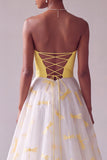 Yellow Satin A-Line Strapless Jacquard Long Prom Dress