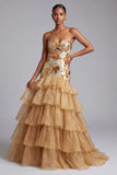 Gold Cut Out Strapless Tiered Ruffled Organza Sequins Long Prom Dress