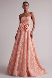 Peach Strapless Floral Embroidery Sequins A-Line Long Prom Dress with Satin Bow
