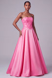 Hot Pink Strapless Satin Floral Embroidery Sequins A-Line Long Prom Dress
