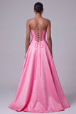 Hot Pink Strapless Satin Floral Embroidery Sequins A-Line Long Prom Dress