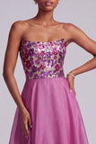 Fuchsia Sequins Floral Strapless A-Line Chiffon Long Prom Dress