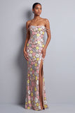 Pink Floral Sequins Mermaid Slit Long Prom Dress with Rhinestone Straps