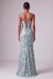 Dusty Blue Floral Sequins Mermaid Strapless Long Prom Dress with Bow