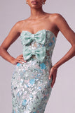 Dusty Blue Floral Sequins Mermaid Strapless Long Prom Dress with Bow