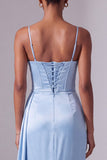 Light Blue Spaghetti Straps Sheath Satin Ruched Rhinestone Long Prom Dress with Slit