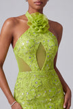 Halter Neck Green Mermaid Cut Out Sequins Embroidery Long Prom Dress with 3D Flowers