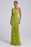 One Shoulder Green Sequins Ruched Sheath Tulle Long Prom Dress with Slit