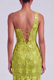 One Shoulder Green Sequins Ruched Sheath Tulle Long Prom Dress with Slit