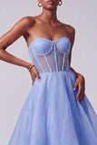 Blue Corset Sheer Pearls Strapless A-Line Tiered Long Prom Dress