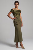 Olive Mermaid Off the Shoulder Ruffled Long Mother of the Bride Dress with Slit