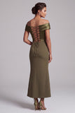 Olive Mermaid Off the Shoulder Ruffled Long Mother of the Bride Dress with Slit