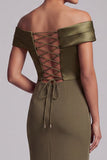 Olive Mermaid Off the Shoulder Ruffled Long Mother of the Bride Dress with Slit