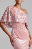 Pink Sheath One Shoulder Velvet Maxi Mother of the Bride Dress with Embroidery