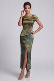 Olive Sheath Asymmetrical Neck Floral Long Mother of the Bride Dress with Ruffles
