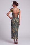 Olive Sheath Asymmetrical Neck Floral Long Mother of the Bride Dress with Ruffles