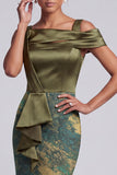 Olive Sheath Asymmetrical Neck Floral Long Mother of the Bride Dress with Ruffles