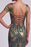 Olive Sheath Asymmetrical Neck Floral Long Mother of the Bride Dress with Ruffles