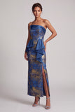 Dark Blue Sheath Strapless Ruffles Long Mother of the Bride Dress with Slit