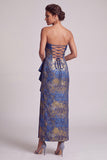 Dark Blue Sheath Strapless Ruffles Long Mother of the Bride Dress with Slit