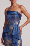 Dark Blue Sheath Strapless Ruffles Long Mother of the Bride Dress with Slit