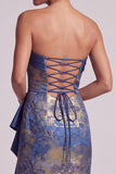 Dark Blue Sheath Strapless Ruffles Long Mother of the Bride Dress with Slit