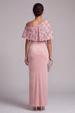 Pink Sheath Asymmetrical Neck Velvet Embroidered Long Mother of the Bride Dress