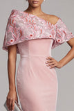 Pink Sheath Asymmetrical Neck Velvet Embroidered Long Mother of the Bride Dress
