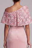 Pink Sheath Asymmetrical Neck Velvet Embroidered Long Mother of the Bride Dress