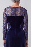 Navy Illusion Round Neck Embroidery Velvet A-Line Sequins Mother of the Bride Dress