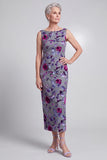 Grey Floral Velvet Sheath Rhinestone Bateau Neck Satin Mother of the Bride Dress with Cape