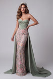 Sage Green Satin Pearls Corset Floral Embroidery Sheath Strapless Maxi Pageant Dress with Draping