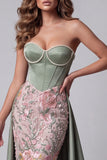 Sage Green Satin Pearls Corset Floral Embroidery Sheath Strapless Maxi Pageant Dress with Draping