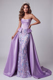 Lavender Satin Strapless Corset Pearls Mermaid Floral Embroidery Pageant Dress with Draping