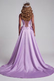 Lavender Satin Strapless Corset Pearls Mermaid Floral Embroidery Pageant Dress with Draping