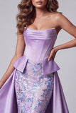 Lavender Satin Strapless Corset Pearls Mermaid Floral Embroidery Pageant Dress with Draping