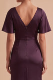 Plum Sheath Cowl Ruched Satin Maxi Wedding Guest Dress with Side Slit