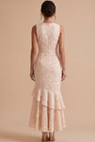 Champagne Mermaid Round Neck Embroidery High-Low Wedding Guest Dress with Tiered Ruffle