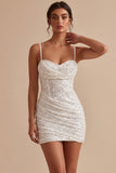 White Corset Bodycon Cowl Neck Ruched Spaghetti Strapes Short Little White Dress