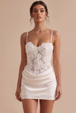 White Corset Bodycon Satin Spaghetti Straps Short Little White Dress with 3D Flower