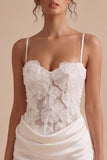 White Corset Bodycon Satin Spaghetti Straps Short Little White Dress with 3D Flower