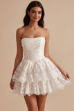 White Ruched Strapless Tiered Lace Basque Waist Satin Short Little White Dress