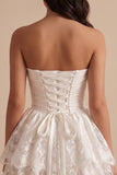 White Ruched Strapless Tiered Lace Basque Waist Satin Short Little White Dress