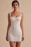 White Corset Bodycon Square Neck Short Little White Dress with Sequins