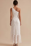 White Sheath One Shoulder Lace Ruffle Midi Little White Dress with Slit
