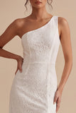 White Sheath One Shoulder Lace Ruffle Midi Little White Dress with Slit