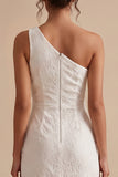 White Sheath One Shoulder Lace Ruffle Midi Little White Dress with Slit