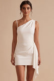 White Bodycon Asymmetrical One Shoulder Ruched Short Little White Dress