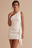 White Bodycon Asymmetrical One Shoulder Ruched Short Little White Dress